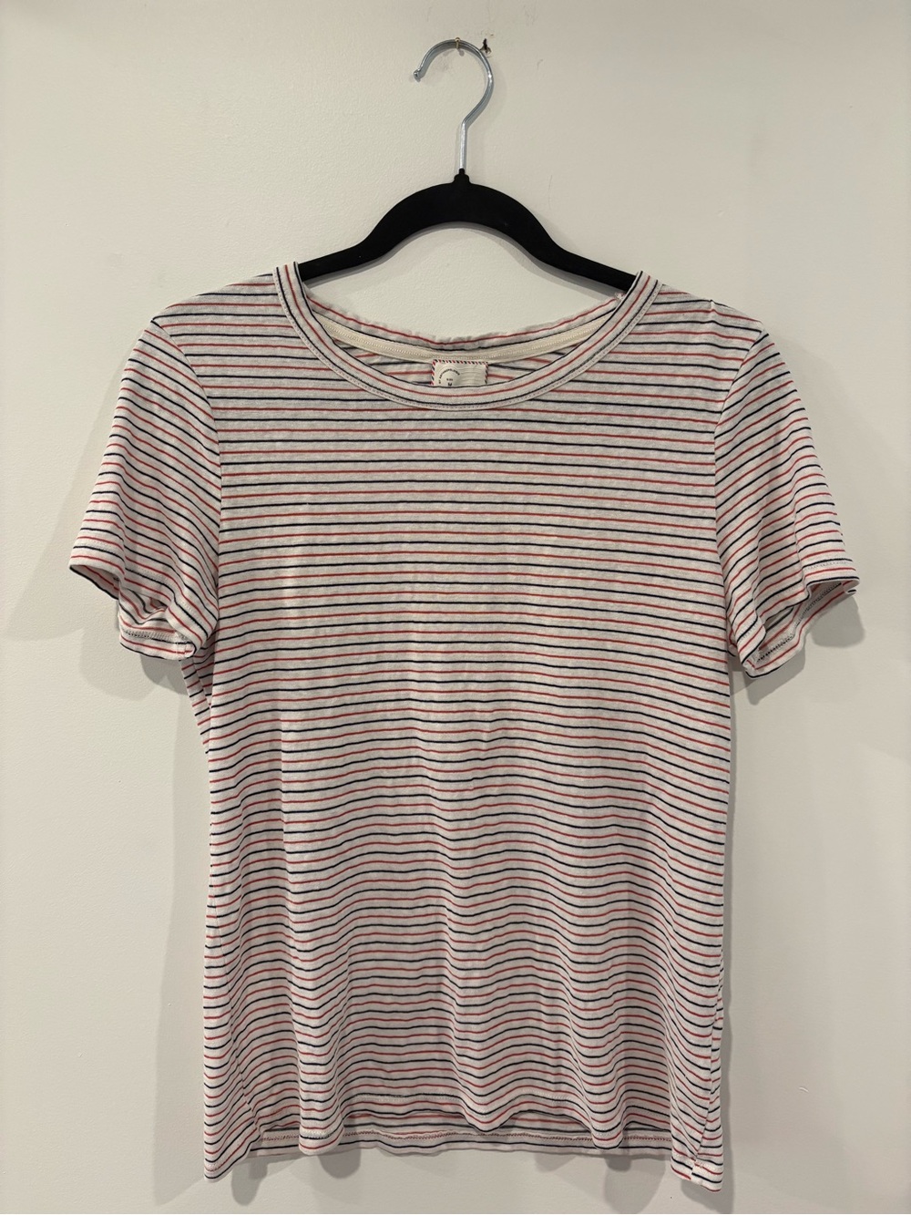 Anthropologie Striped Crewneck Tee - White with Red & Black Stripes